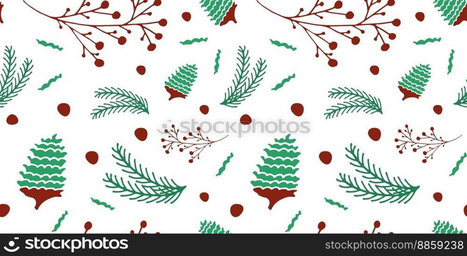 Botanical, organic pattern seamless with pine cones and branches. Green, color. Vector illustration Doodle Style design for banners, books, brochures, templates, notebook, fabric, clothing, papers.. Botanical, organic pattern seamless with pine cones and branches. Green, color. Vector illustration