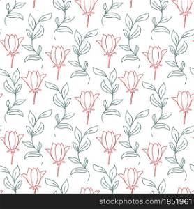 Botanical pattern with flowers and leaves, vector illustration. Seamless background with a sketch of branches and flowers. Floral and foliage template for wallpaper, packaging and fabric.. Botanical pattern with flowers and leaves, vector illustration.