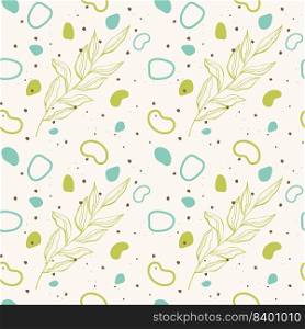 Botanical pattern with hand-drawn shapes and doodle twig, leaves.