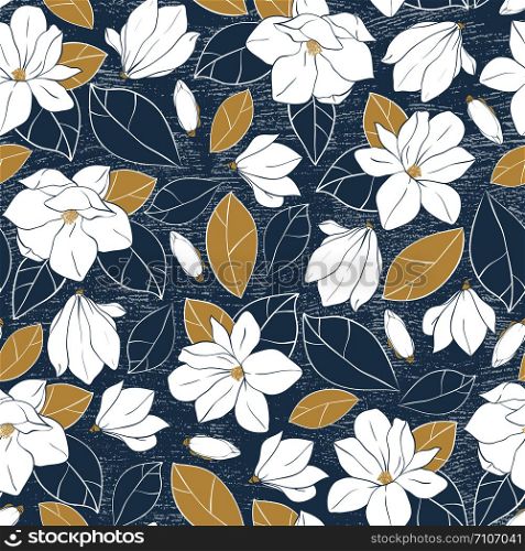 Botanical print with magnolia flowers,buds and leaves in deep blue and mustard colors on gritty background. Vector hand drawn illustration. Botanical print with magnolia flowers,buds and leaves in deep blue and mustard colors on gritty background. Vector hand drawn illustration.