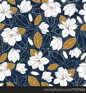 Botanical print with magnolia flowers,buds and leaves in deep blue and mustard colors on gritty background. Vector hand drawn illustration. Botanical print with magnolia flowers,buds and leaves in deep blue and mustard colors on gritty background. Vector hand drawn illustration.