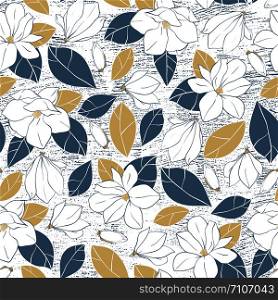 Botanical print with magnolia flowers,buds and leaves in deep blue and mustard colors on grunge background. Vector hand drawn illustration. Botanical print with magnolia flowers,buds and leaves in deep blue and mustard colors on grunge background. Vector hand drawn illustration.