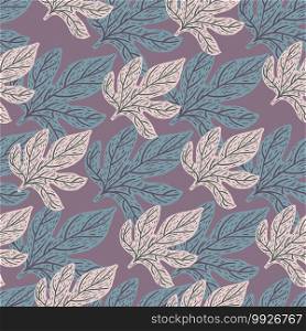 Botanical seamless pattern with simple grey and blue pastel leaf elements. Purple background. Designed for fabric design, textile print, wrapping, cover. Vector illustration. Botanical seamless pattern with simple grey and blue pastel leaf elements. Purple background.