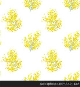 Botanical seamless pattern with yellow mimosa flowers and leaves on white background. Vector illustration for textile print, wallpaper, wrapping paper. Vector. Botanical seamless pattern with yellow mimosa flowers and leaves on white background. Vector illustration for textile print, wallpaper, wrapping paper.