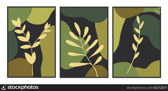 Botanical set of illustrations with abstract green shapes. For interior decoration, print and design