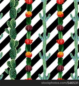 Botanical vector pattern illustration natural green cactus seamless black white stripe background. Repeating floral wallpaper
