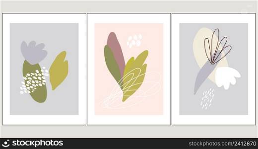 Botanical wall art poster set with abstract shapes and minimalist plant elements. Vector illustration.. Botanical wall art poster set with abstract shapes and minimalist plant elements.
