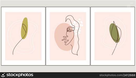 Botanical wall art poster set with abstract shapes, minimalist plant elements, female face. Vector illustration.. Botanical wall art poster set with abstract shapes, minimalist plant elements, female face.