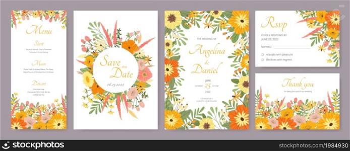 Botanical wedding invitation card template with flowers and leaves. Floral menu, rsvp or save the date cards with wildflowers vector set. Decorative spring plants with blossom for print