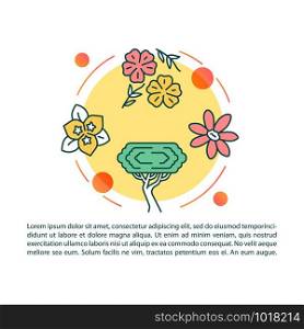 Botany article page vector template. Blooming flowers and trees. Brochure, magazine, booklet design element with linear icons and text boxes. Print design. Concept illustrations with text space