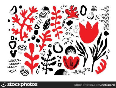 Botany motifs and ornaments, isolated flowers and foliage leaves. geometri decoration or line art. Blooming flora and flourishing, botanic biodiversity and weeds for aquarium. Vector in flat style. Floral and botany motifs, abstract drawings vector