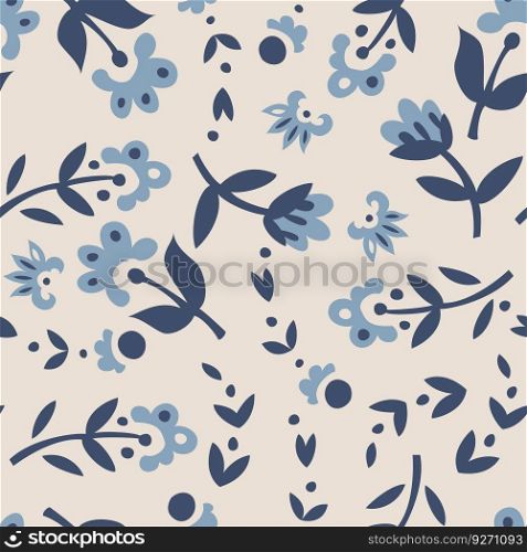 Botany ornament or motif, flourishing and blooming plants with leaves and stems, petals in blossom. Flora adornment design. Seamless pattern, background print or wallpaper. Vector in flat style. Flourishing plants with leaves and stems motif