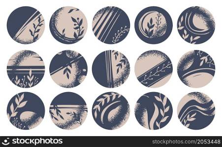 Botany ornaments and flora leaves, flowers and plants, trendy scandinavian decoration on rounded highlights for stories in social media. Sepia filter and emblems or label. Vector in flat style. Story highlights with sepia filter, flora leaves