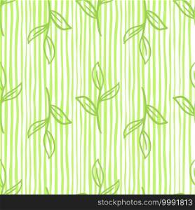 Botany seamless pattern with green contoured leaves branches ornament. Striped background. Decorative backdrop for fabric design, textile print, wrapping, cover. Vector illustration.. Botany seamless pattern with green contoured leaves branches ornament. Striped background.