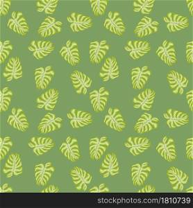 Botany seamless pattern with random green monstera leaf ornament. Pastel background. Tropic shapes. Decorative backdrop for fabric design, textile print, wrapping, cover. Vector illustration.. Botany seamless pattern with random green monstera leaf ornament. Pastel background. Tropic shapes.