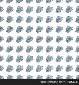 Botany seamless pattern with small blue outline contoured monstera silhouettes print. Isolated ornament. Decorative backdrop for fabric design, textile print, wrapping, cover. Vector illustration.. Botany seamless pattern with small blue outline contoured monstera silhouettes print. Isolated ornament.