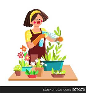 botany woman home planting. botany farmer woman working. florist hobby girl. eco indoor job. green floral farm. vector character flat cartoon Illustration. botany woman home garden vector