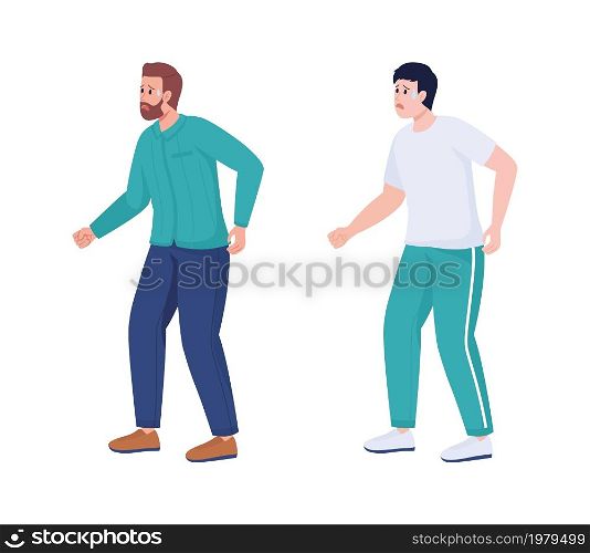 Bothered men semi flat color vector characters set. Standing figures. Full body people on white. Feeling emotional tension isolated modern cartoon style illustrations for graphic design and animation. Bothered men semi flat color vector characters set