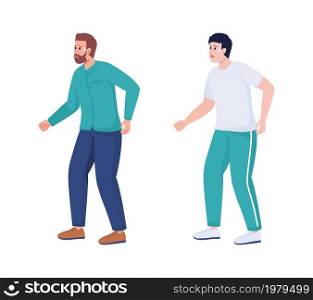 Bothered men semi flat color vector characters set. Standing figures. Full body people on white. Feeling emotional tension isolated modern cartoon style illustrations for graphic design and animation. Bothered men semi flat color vector characters set