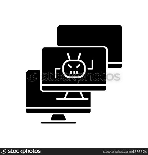 Botnet black glyph icon. Internet connected devices. Huge hacker attack. DDoS cyberattack. Infected computers. Device crash. Silhouette symbol on white space. Vector isolated illustration. Botnet black glyph icon