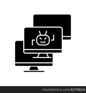 Botnet black glyph icon. Internet connected devices. Huge hacker attack. DDoS cyberattack. Infected computers. Device crash. Silhouette symbol on white space. Vector isolated illustration. Botnet black glyph icon