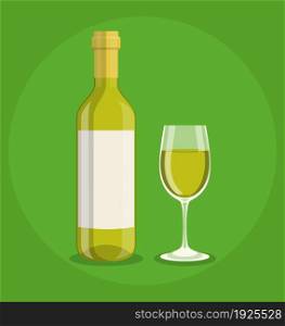 bottle and a glass of wine. Vector illustration in flat style For web, info graphics.. Flat bottle and a glass of wine