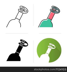 Bottle and foil cutter icons set. Alcohol beverage. Aperitif drink. Sommelier, barman device. Removal tool, kitchen utensil. Flat design, linear, black and color styles. Isolated vector illustrations