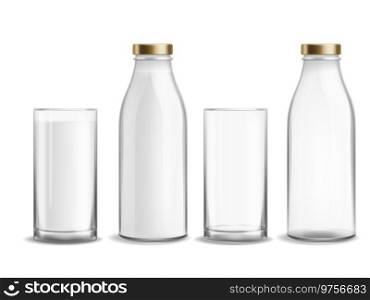 Bottle and glass milk. Milky realistic bottles glasses empty and full dairy beverage product. Cup with yogurt or kefir morning dairy beverage organic product diet or kids nutrition vector isolated set. Bottle and glass milk. Milky realistic bottles glasses empty and full dairy beverage product. Cup with yogurt or kefir morning dairy beverage organic product, kids nutrition, vector isolated set