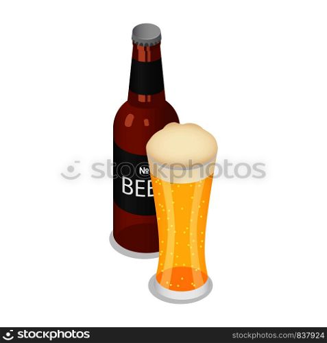 Bottle and glass of beer icon. Isometric of bottle and glass of beer vector icon for web design isolated on white background. Bottle and glass of beer icon, isometric style