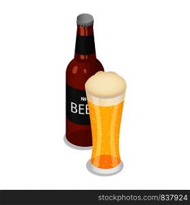 Bottle and glass of beer icon. Isometric of bottle and glass of beer vector icon for web design isolated on white background. Bottle and glass of beer icon, isometric style