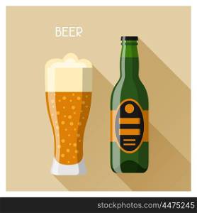 Bottle and glass of beer in flat design style. Bottle and glass of beer in flat design style.