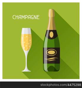 Bottle and glass of champagne in flat design style. Bottle and glass of champagne in flat design style.