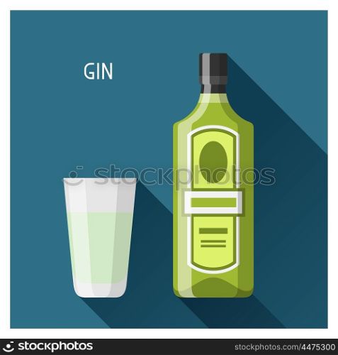Bottle and glass of gin in flat design style. Bottle and glass of gin in flat design style.