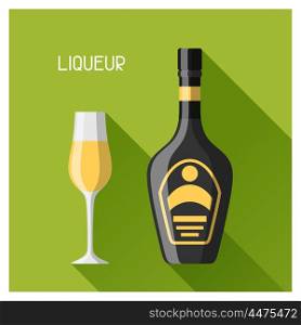 Bottle and glass of liqueur in flat design style. Bottle and glass of liqueur in flat design style.
