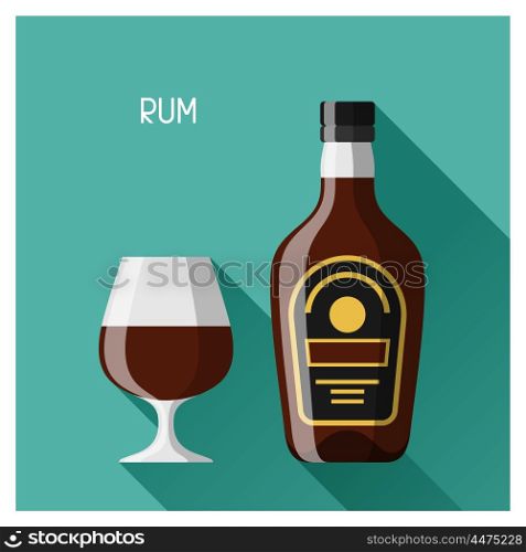 Bottle and glass of rum in flat design style. Bottle and glass of rum in flat design style.