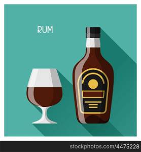 Bottle and glass of rum in flat design style. Bottle and glass of rum in flat design style.