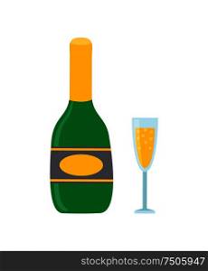 Bottle and glass of sparkling wine or champagne. Vector cartoon clipart of pinchbottle. Holiday beverage, alcoholic drink element for banner or poster. Bottle and Glass of Sparkling Wine or Champagne