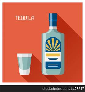 Bottle and glass of tequila in flat design style. Bottle and glass of tequila in flat design style.