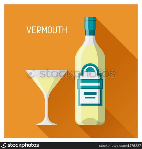 Bottle and glass of vermouth in flat design style. Bottle and glass of vermouth in flat design style.