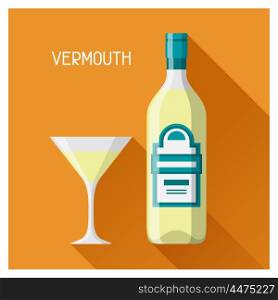 Bottle and glass of vermouth in flat design style. Bottle and glass of vermouth in flat design style.