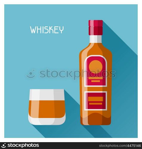 Bottle and glass of whiskey in flat design style. Bottle and glass of whiskey in flat design style.