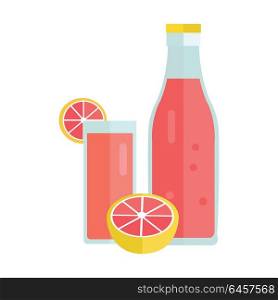 Bottle and glass with citrus beverage. Vector in flat style design. Sweet summer drink concept. Illustration for icons, labels, prints, logo, menu design, infographics. Isolated on white background.. Cold Summer Drink Concept Vector Illustration.