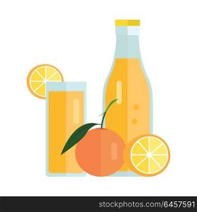 Bottle and glass with orange beverage. Vector in flat design. Sweet summer drink, fresh juice concept. Illustration for icons, labels, prints, logo, menu design, infographics. Isolated on white. . Orange Juice Concept Vector Illustration.