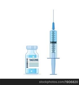 Bottle and syringe with blue vaccine injection from covid-19 virus. Covid-19 Coronavirus concept. Syringe for injection and vaccine bottles. Vector illustration in a flat style. Covid-19 Coronavirus concept.