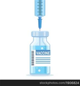 Bottle and syringe with blue vaccine injection from covid-19 virus. Covid-19 Coronavirus concept. Syringe for injection and vaccine bottles isolated icon. Vector illustration in a flat style. Covid-19 Coronavirus concept.