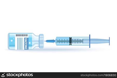 Bottle and syringe with blue vaccine injection from covid-19 virus. Covid-19 Coronavirus concept. Syringe for injection and vaccine bottles isolated icon. Vector illustration in a flat style. Covid-19 Coronavirus concept.
