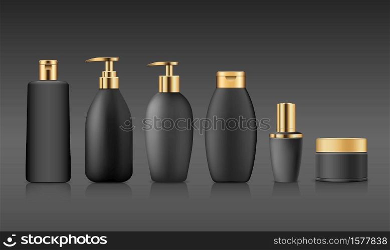 Bottle black products with gold cap, collection mock up template design on black background, Eps 10 vector illustration