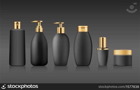 Bottle black products with gold cap, collection mock up template design on black background, Eps 10 vector illustration