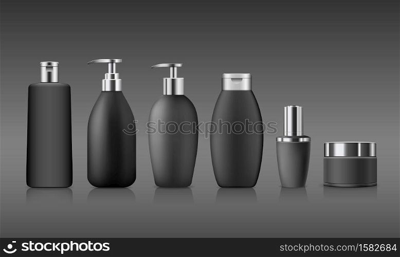 Bottle black products with silver cap, collection mock up template design on gray background, Eps 10 vector illustration
