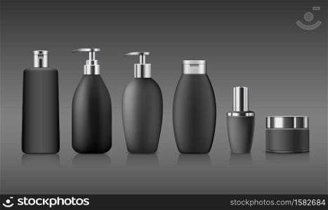 Bottle black products with silver cap, collection mock up template design on gray background, Eps 10 vector illustration